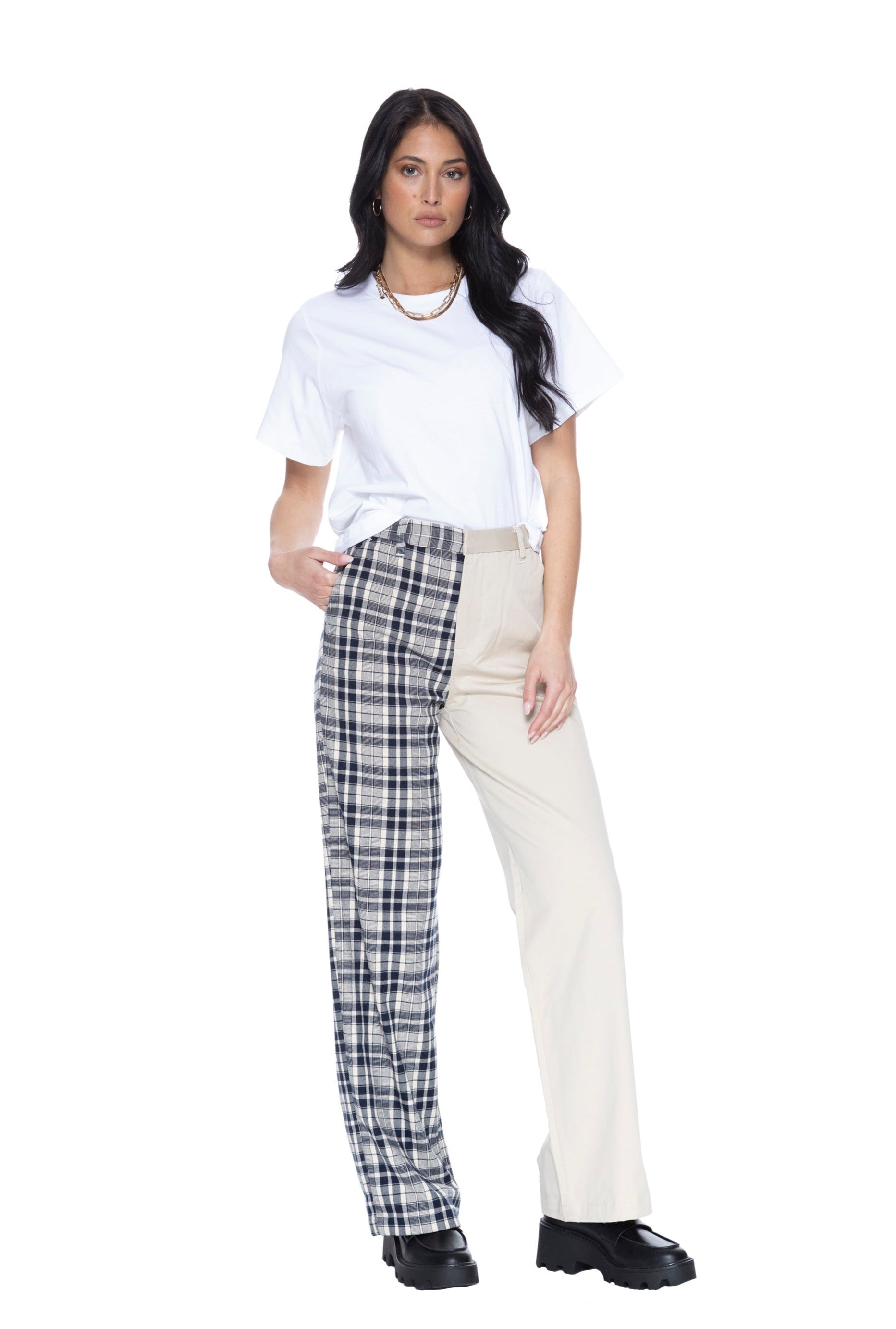 Coffee Break Wide Leg Trouser in Khaki & Plaid