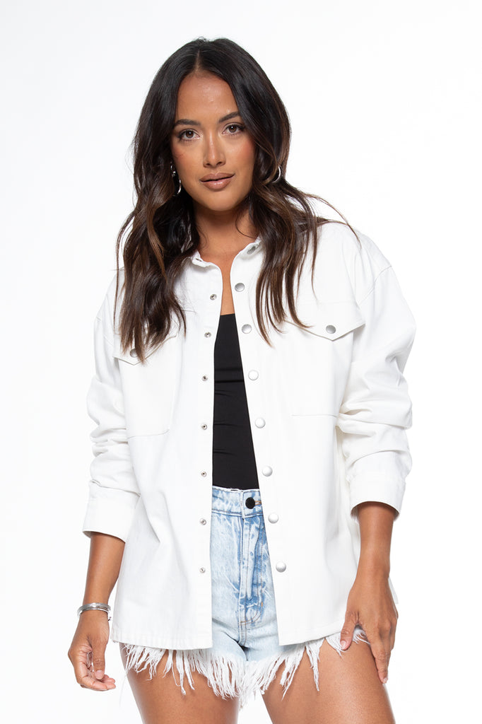 Denim Mix UNreal Leather Shacket in White & White