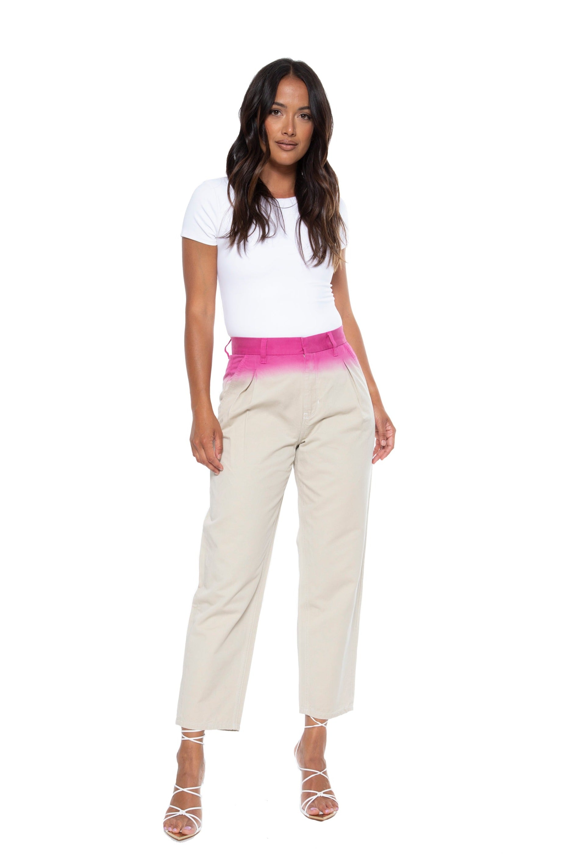 Dip Dye Trouser In Lt Khaki With Pink