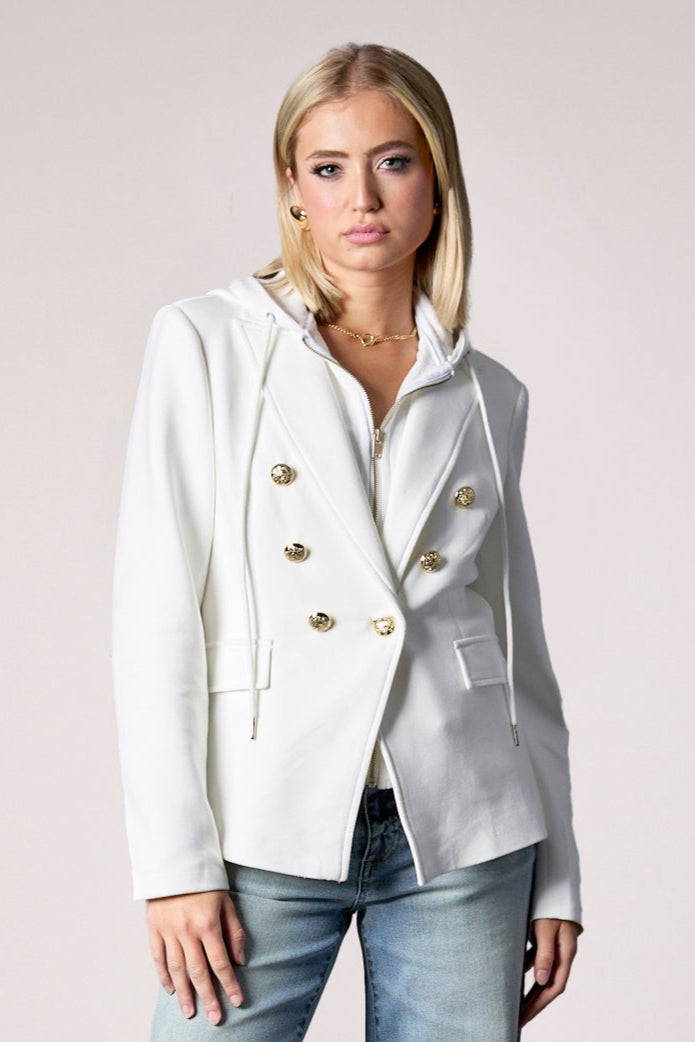 Helen Double Breasted Blazer With Removable White Hoodie Insert - Whipped Cream