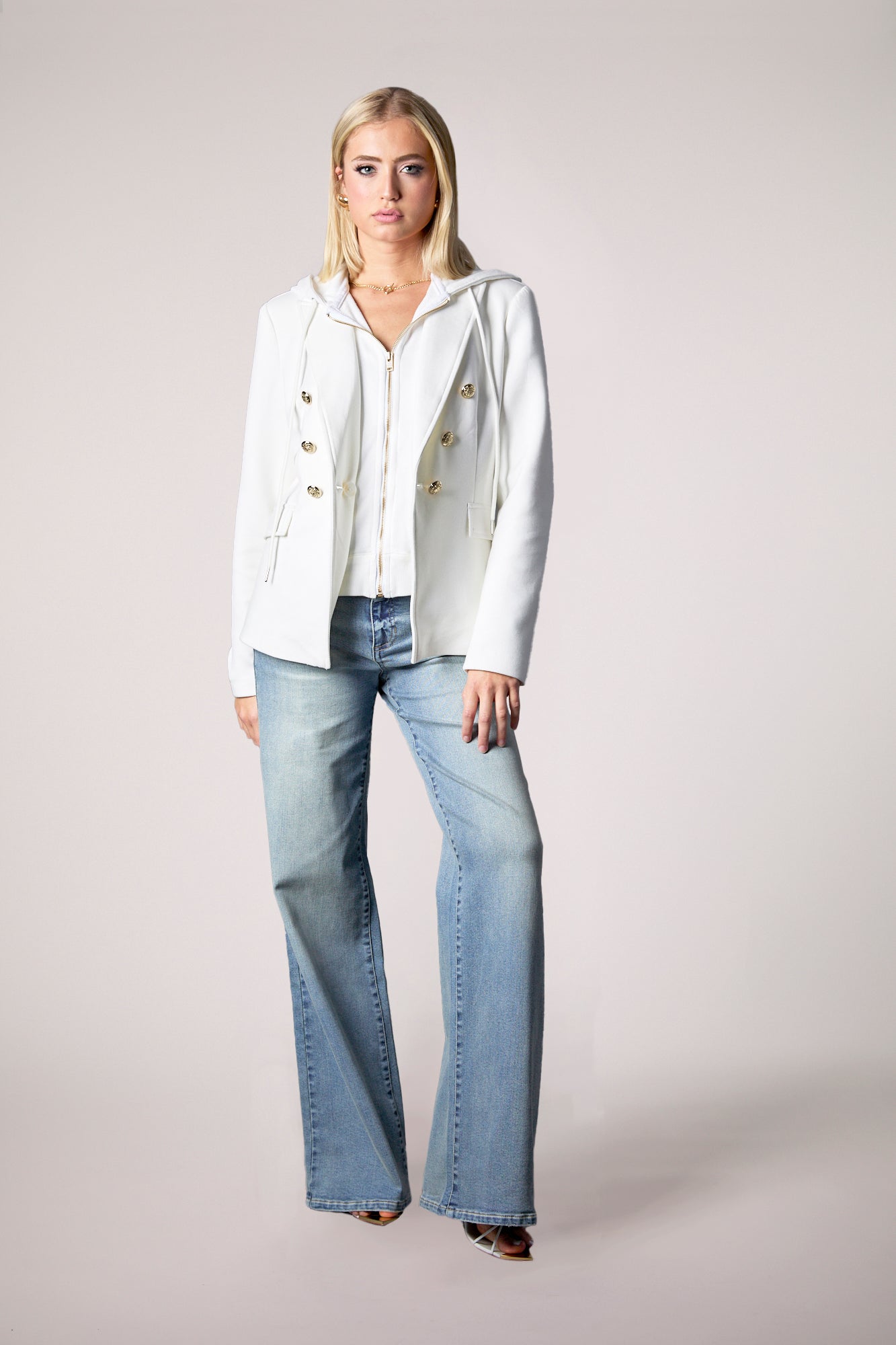 Helen Double Breasted Blazer With Removable White Hoodie Insert - Whipped Cream