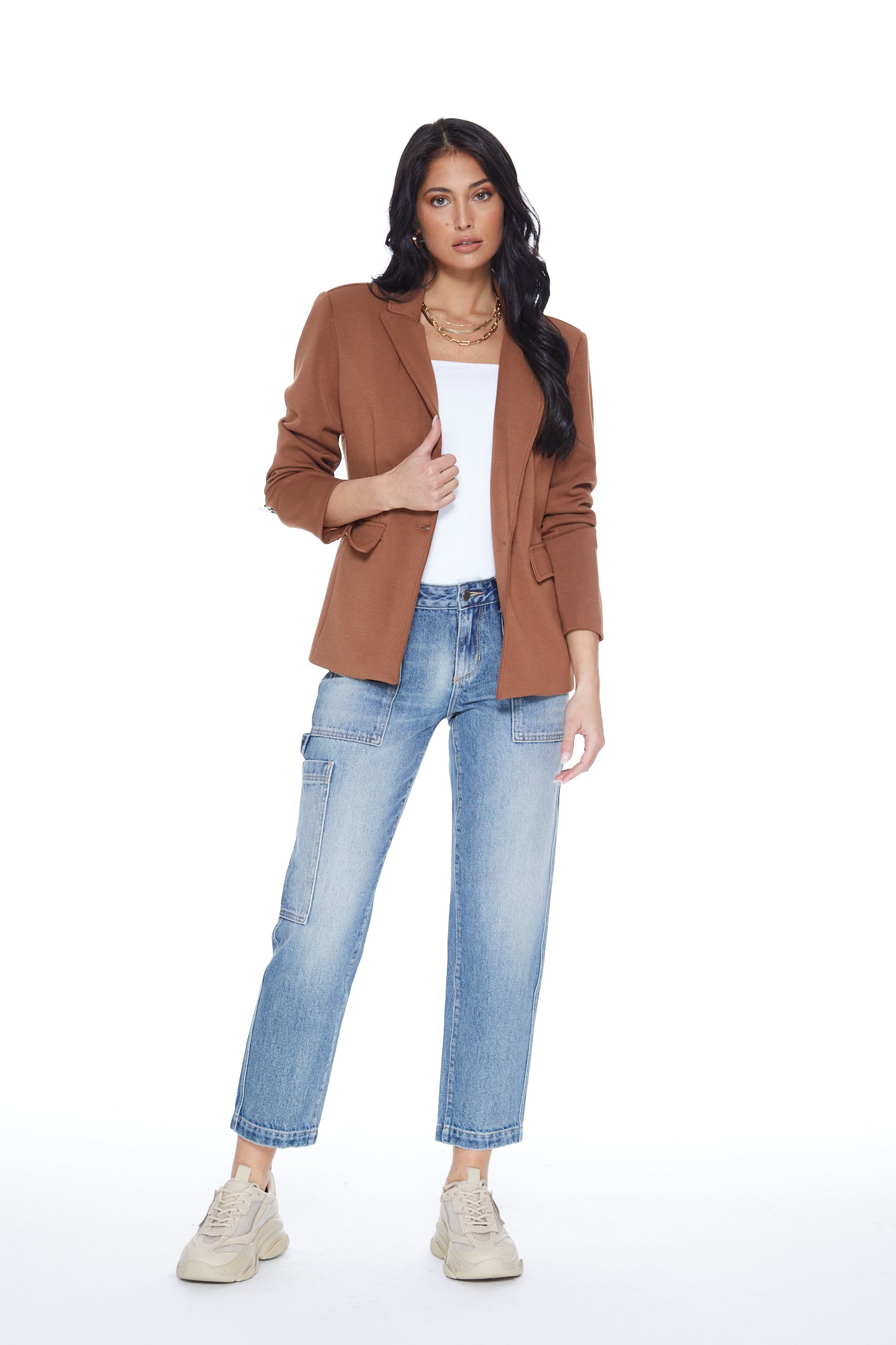 Helen Blazer in Toffee & Medium Blue Denim Insert