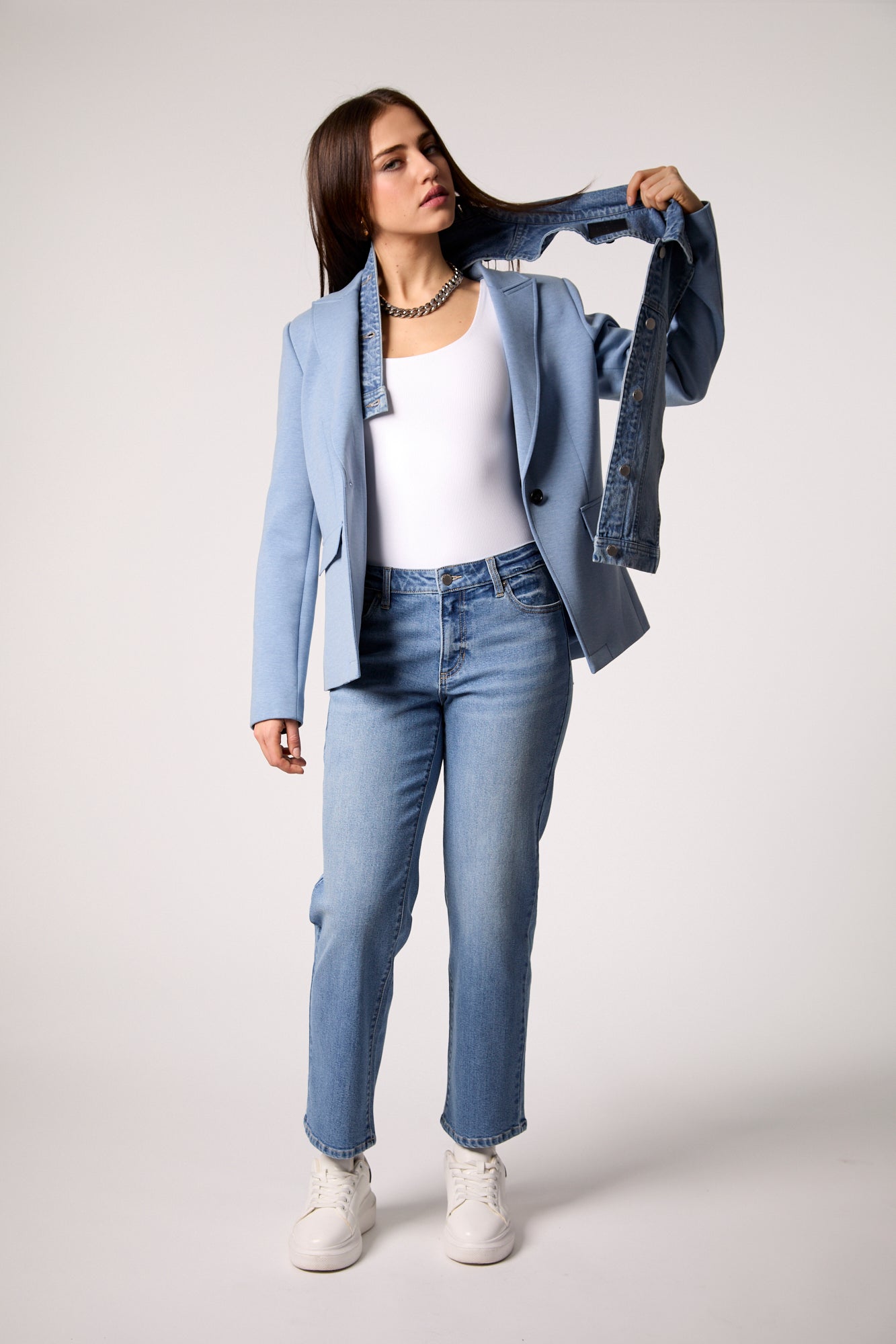 Helen Blazer With Removable Denim Insert- Heather Blue