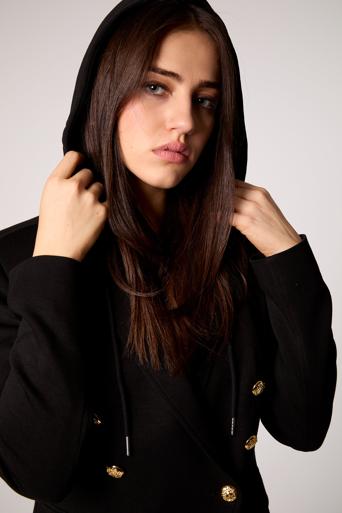 Helen Double Breasted Blazer With Removable Black Hoodie Insert - Black