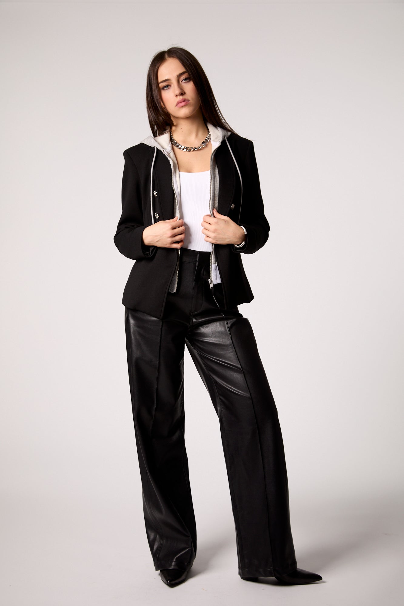 Helen Double Breasted Blazer in Black & Heather Cement