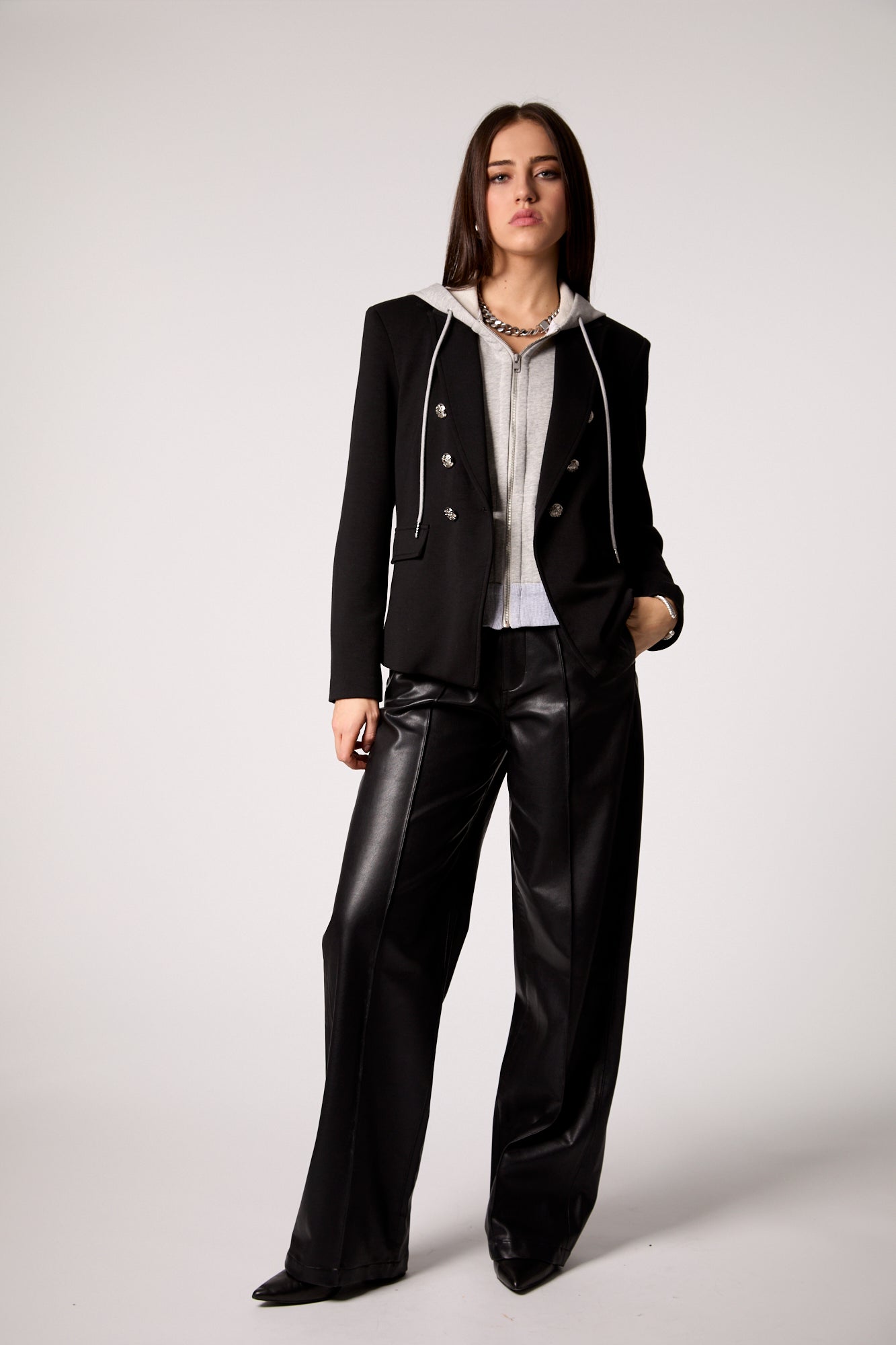 Helen Double Breasted Blazer With Removable Grey Hoodie Insert - Black
