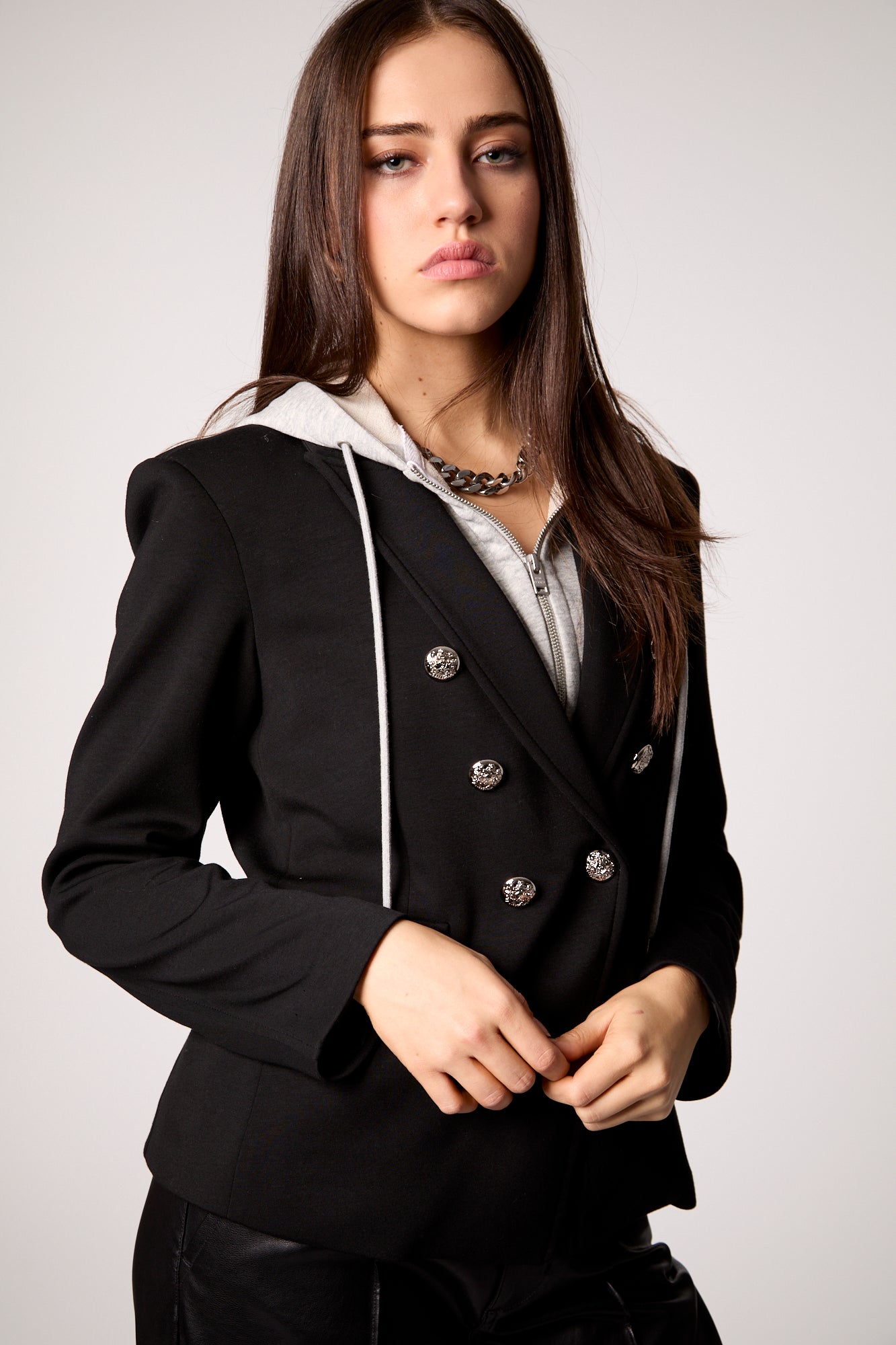 Helen Double Breasted Blazer With Removable Grey Hoodie Insert - Black