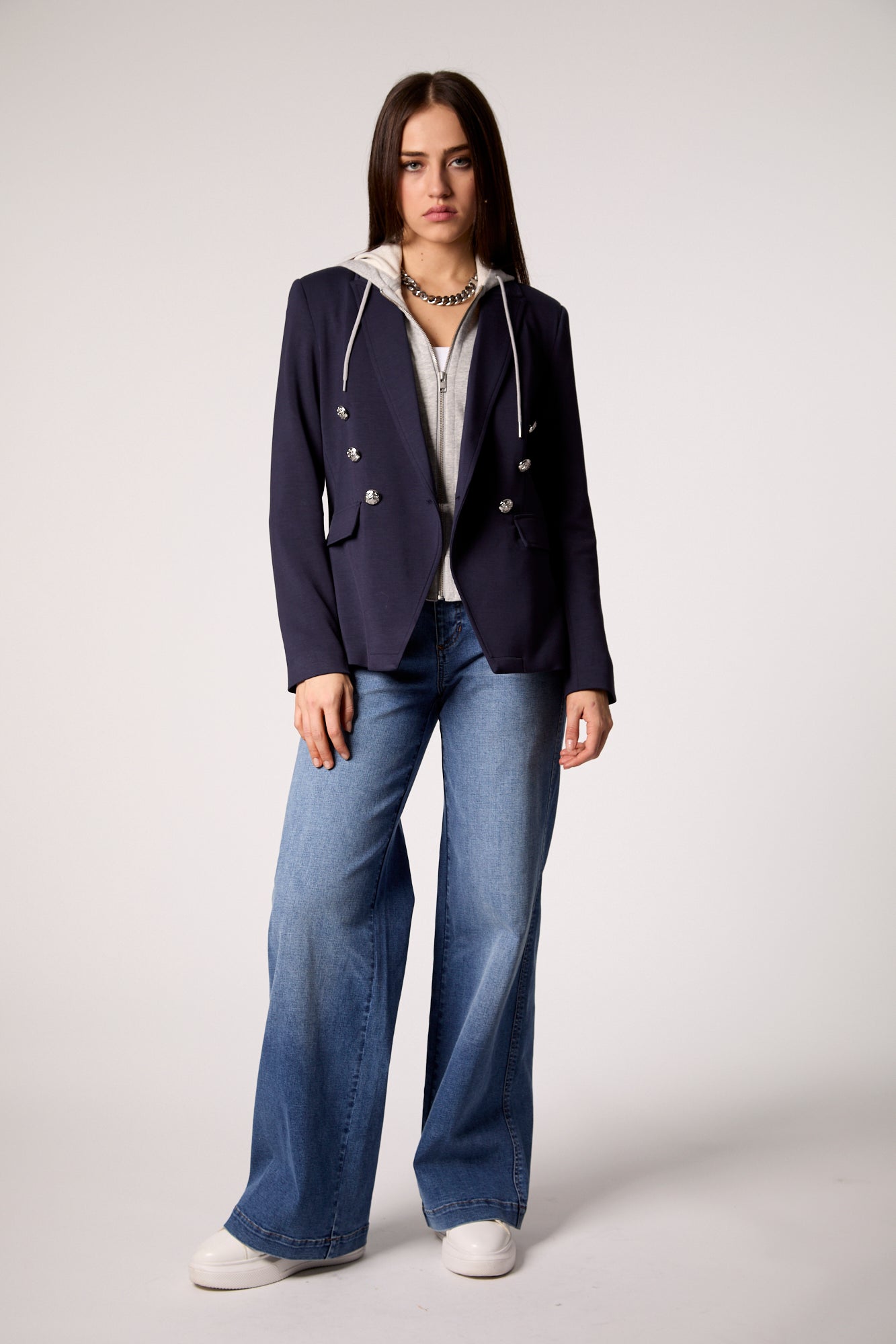 Helen Double Breasted Blazer With Removable Grey Hoodie Insert - Navy