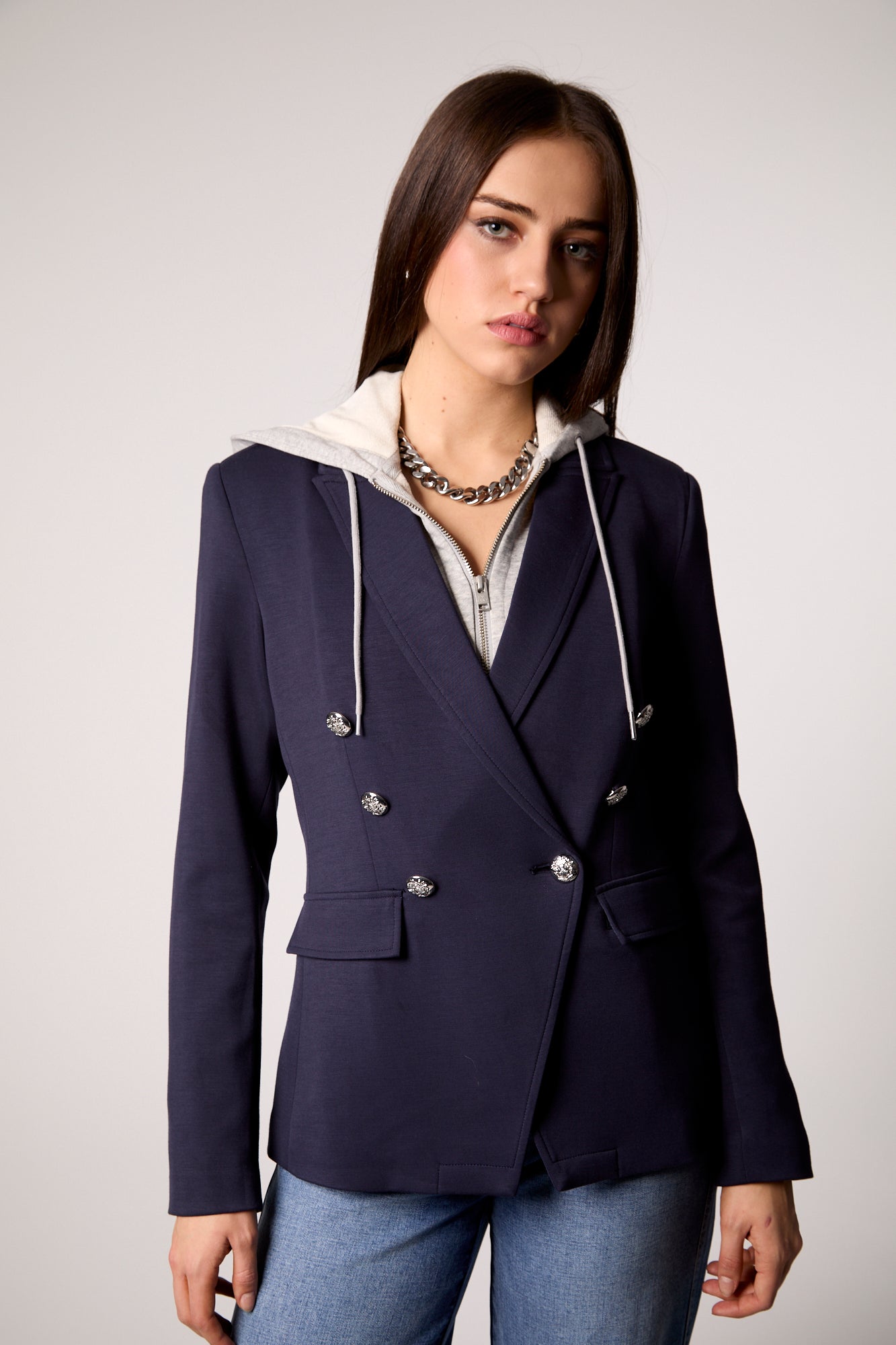 Helen Double Breasted Blazer With Removable Grey Hoodie Insert - Navy