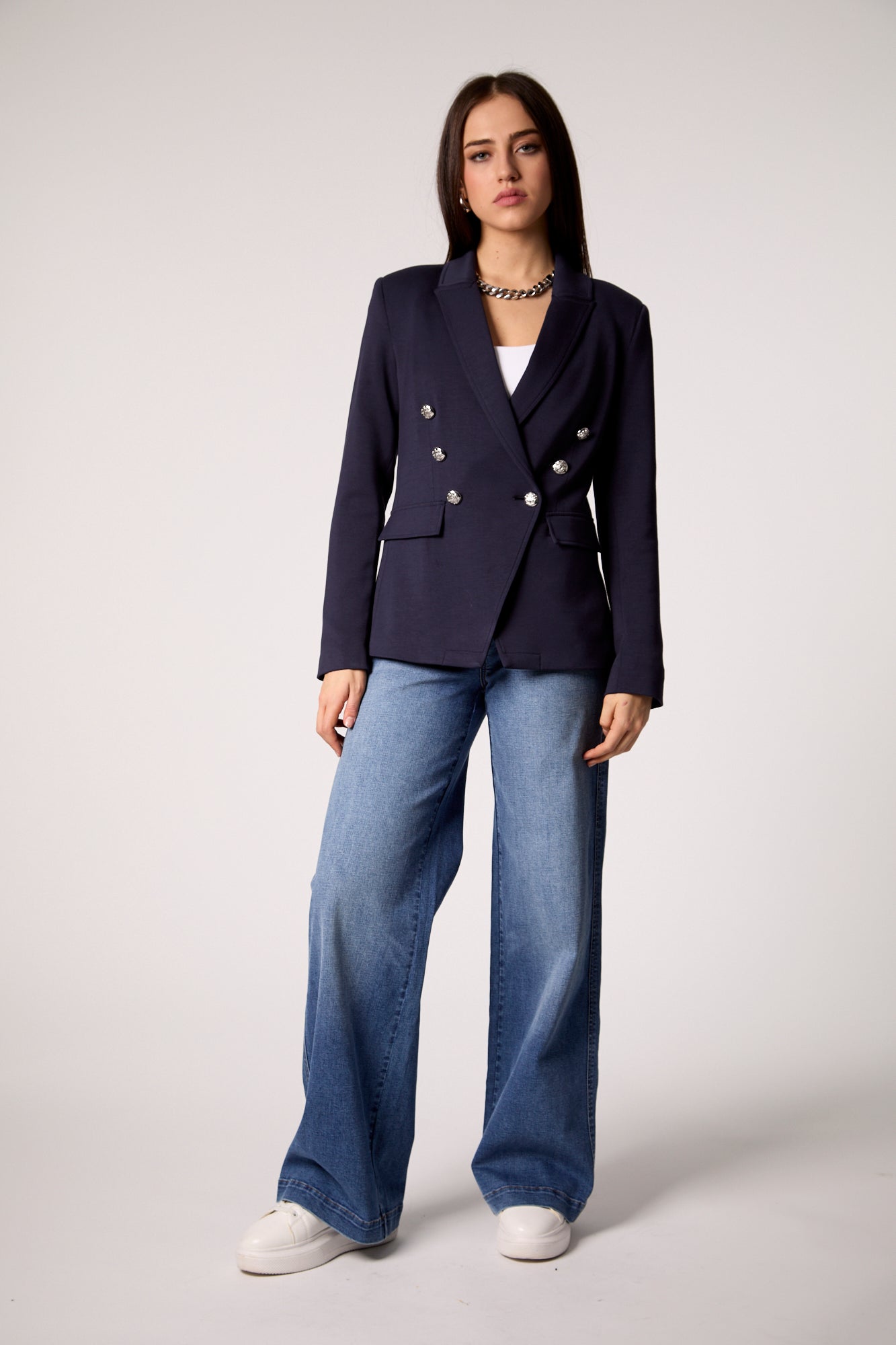 Helen Double Breasted Blazer With Removable Grey Hoodie Insert - Navy