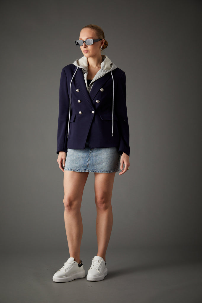 Helen Double Breasted Blazer in Navy & Grey