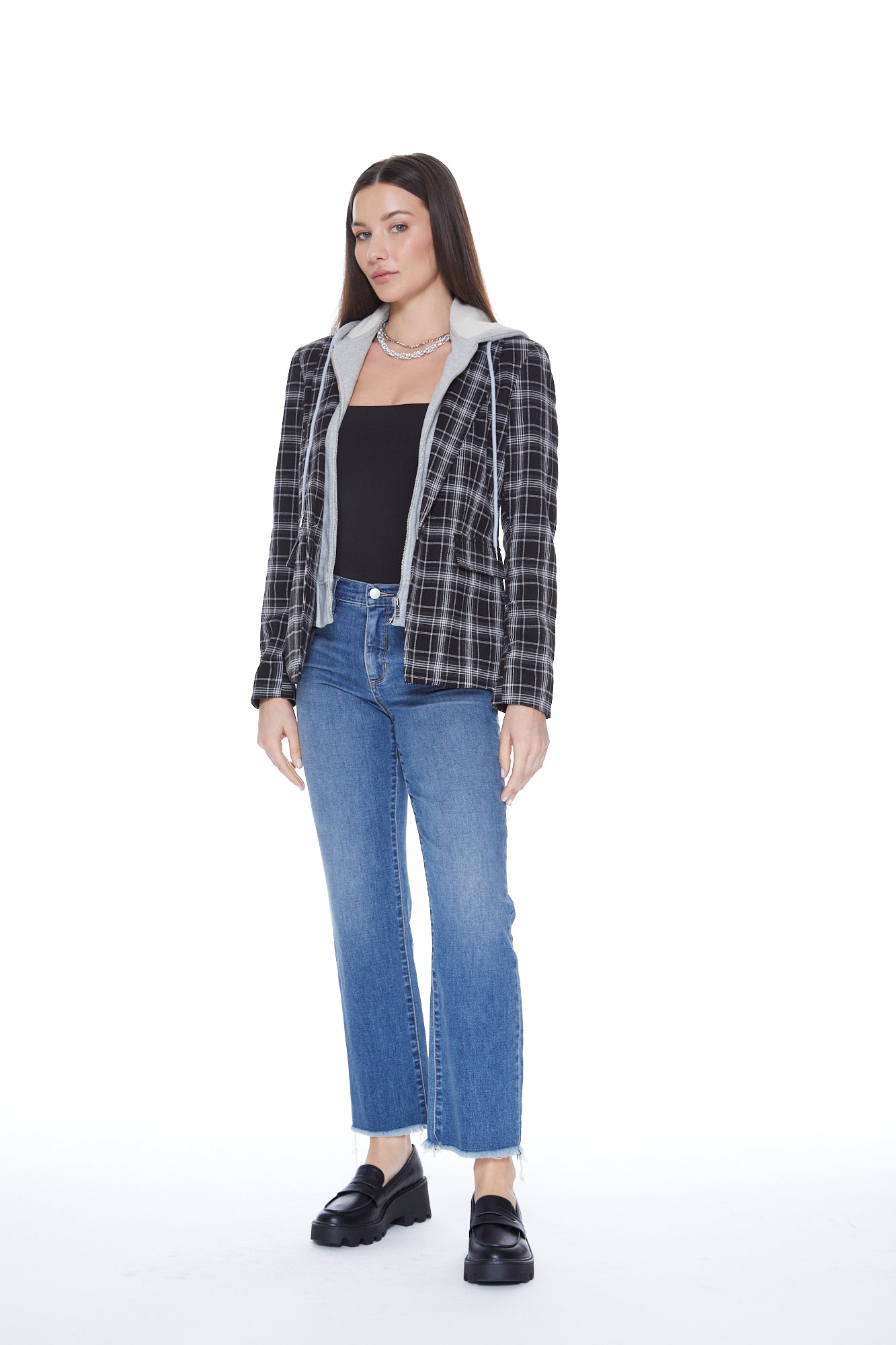 Hooded Helen Blazer in Black Plaid & Heather Cement