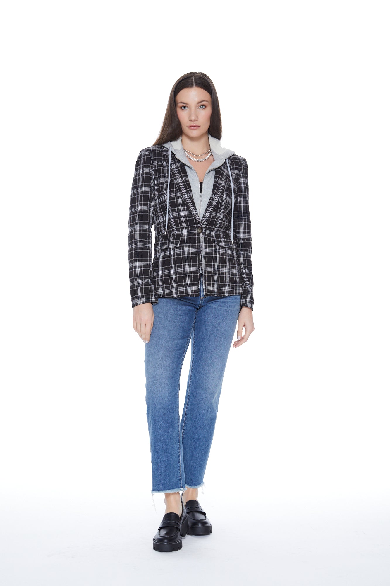 Hooded Helen Blazer in Black Plaid & Heather Cement