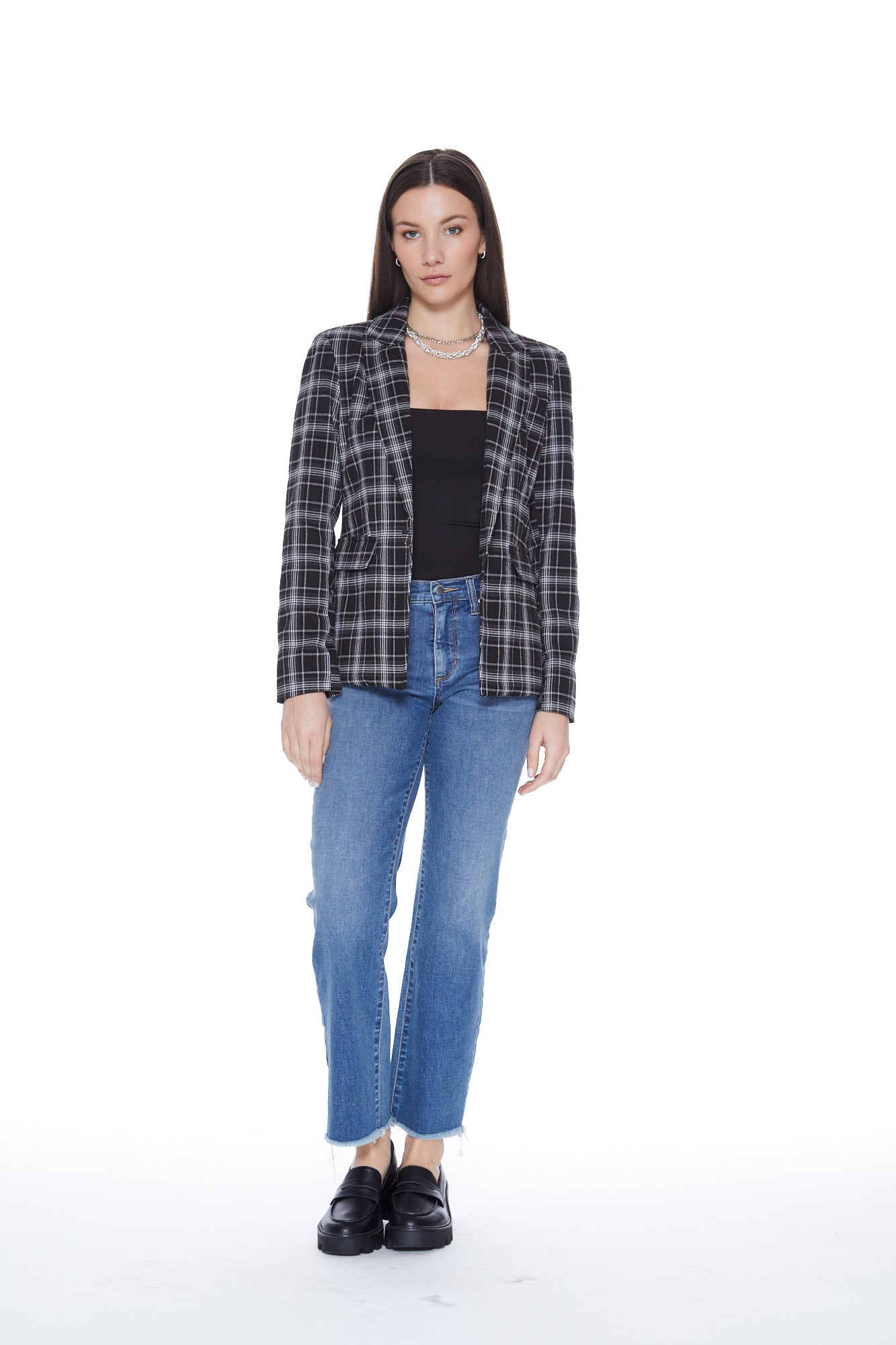 Hooded Helen Blazer in Black Plaid & Heather Cement