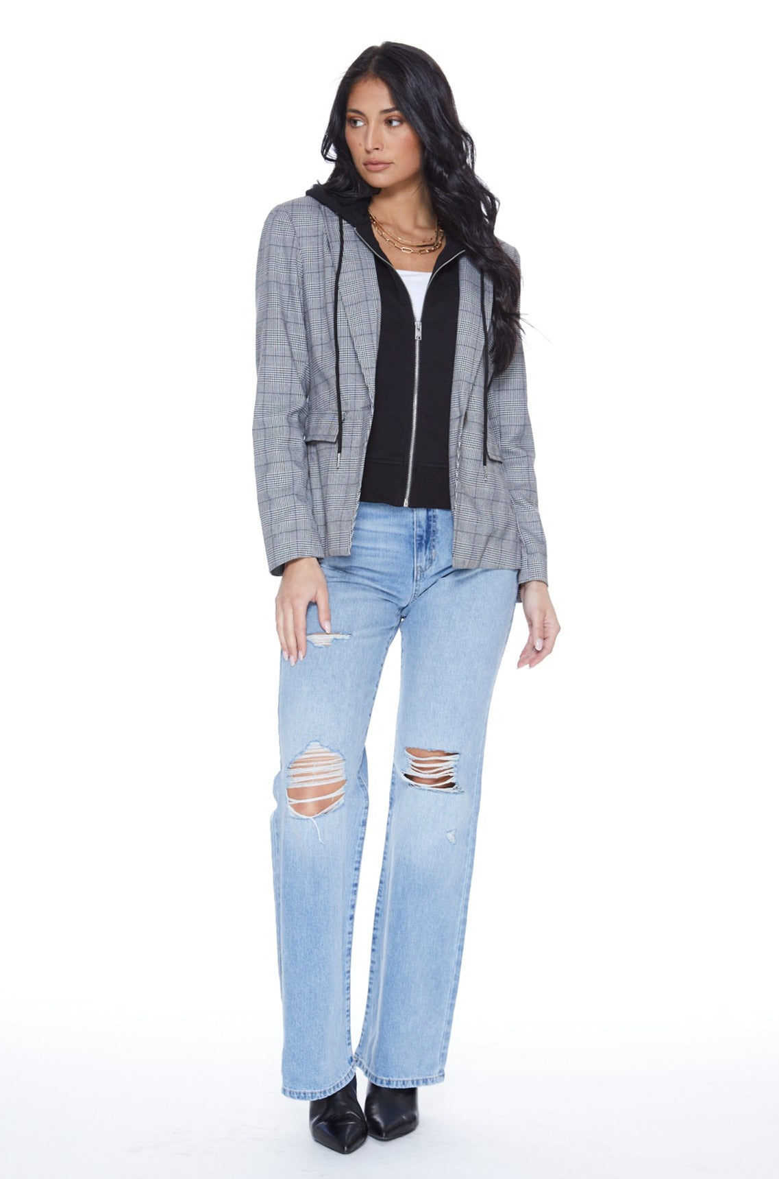 Hooded Helen Blazer in Grey Plaid & Black