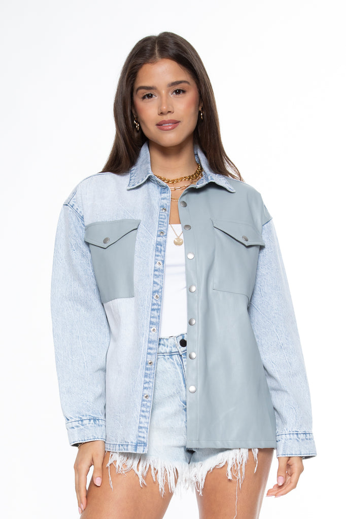 Denim Mix UNreal Leather Shacket in Maui & Dusty Blue