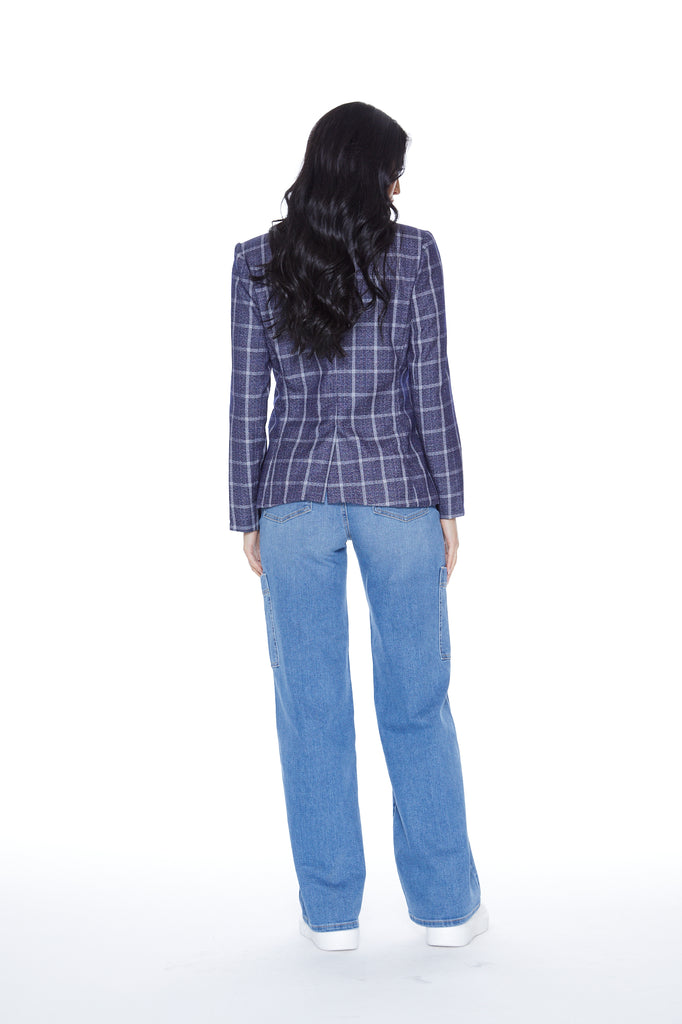 Hooded Helen Blazer in Navy Plaid & Heather Cement