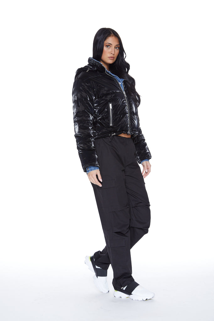 In The Mix Denim Shiny Puffer in Black